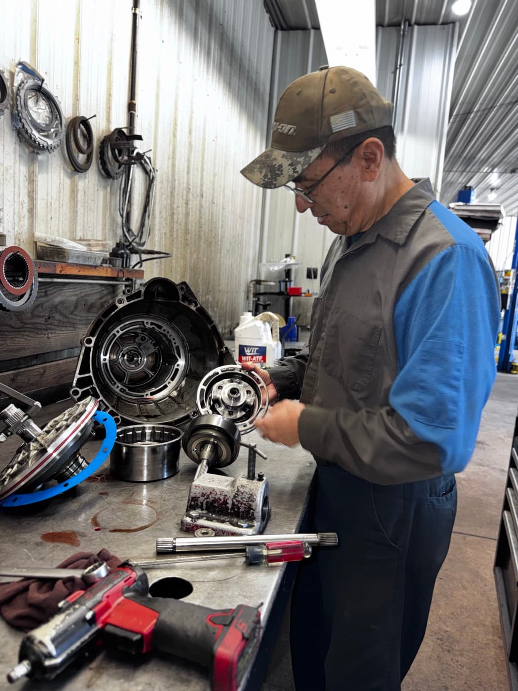 Jesse Trevino working on a transmission at the bench